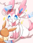  blue_eyes character_doll commentary_request eevee fang gen_1_pokemon gen_6_pokemon highres looking_at_object no_humans open_mouth paws pokemon pokemon_(creature) sitting solo sparkle surumeika_(ninfiiiir) sylveon toes tongue 