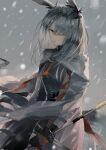  1girl absurdres animal_ears arknights cape commentary dutch_angle frostnova_(arknights) grey_cape grey_eyes grey_hair grey_shirt grey_sky hair_ornament hair_over_one_eye hairclip highres holding holding_knife knife lips open_mouth orange_ribbon outdoors rabbit_ears ribbon shirt snow solo tadatsu upper_body 