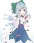  1girl alternate_hairstyle blue_dress blue_eyes blue_hair bow cirno commentary_request cowboy_shot detached_wings dress flower green_bow hair_bow highres holding ice ice_wings looking_at_viewer medium_hair melting mozukuzu_(manukedori) open_mouth ponytail rose short_sleeves solo touhou wings wrist_cuffs 