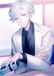  1boy absurdres artist_name black_neckwear blue_eyes blurry blurry_background dated elbows_on_table formal fuurin_hino513 gift grey_shirt hand_on_own_arm highres indoors long_sleeves male_focus necktie original shirt short_hair sitting smile solo suit white_hair white_suit 