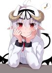  1girl ahoge bangs black_ribbon closed_mouth collared_shirt curled_horns demon_girl demon_horns demon_tail demon_wings eighth_note eyebrows_visible_through_hair hair_between_eyes hands_up head_rest highres horns long_sleeves looking_at_viewer musical_note neck_ribbon original pointy_ears red_eyes red_ribbon ribbon sazamiso_rx shirt simple_background single_hair_intake smile solo spoken_musical_note tail upper_body white_background white_hair white_shirt wings 
