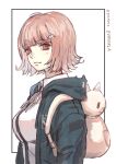  1girl absurdres animal_bag artist_name backpack bag bangs black_jacket black_shirt blush breasts brown_eyes brown_hair cat_bag collared_shirt dangan_ronpa_(series) dangan_ronpa_2:_goodbye_despair eyebrows_visible_through_hair flipped_hair from_side hair_ornament hairclip highres hood hood_down huge_filesize jacket large_breasts long_sleeves looking_at_viewer medium_hair nanami_chiaki neck_ribbon pink_hair ribbon ringovalent shirt solo two-tone_shirt upper_body white_background 