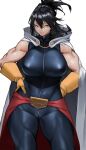  1girl absurdres black_eyes black_hair blue_bodysuit bodysuit boku_no_hero_academia breasts cape closed_mouth gloves hair_between_eyes hands_on_hips highres large_breasts looking_at_viewer mole mole_under_mouth shimura_nana short_hair simple_background solo white_background white_cape yellow_gloves yoshio_(55level) 