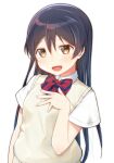  1girl bangs blue_hair blush bow bowtie commentary_request eyebrows_visible_through_hair hair_between_eyes hand_up long_hair looking_at_viewer love_live! love_live!_school_idol_project open_mouth otonokizaka_school_uniform red_bow red_bowtie school_uniform short_sleeves simple_background skull573 smile solo sonoda_umi striped striped_bow striped_bowtie summer_uniform white_background yellow_eyes 
