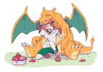  1girl berry charizard claws gen_1_pokemon green_shorts highres looking_at_another nose_bubble older one_eye_closed pepper_bottom pink_hair pokemon poketoon red_sleeves shirt shorts sleeping tongue tongue_out tsubomi_(pokemon) white_shirt 