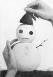  button_eyes crafting fingernails graphite_(medium) hands hat holding holding_clothes holding_hat monochrome noske original simple_background snow snowman stick traditional_media white_background 