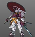 blue_eyes cable grey_background gun gundam holding holding_gun holding_sword holding_umbrella holding_weapon katana looking_ahead mecha mobile_suit qubeley rabo redesign science_fiction solo sword umbrella weapon zeta_gundam 