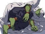  1boy barefoot black_nails closed_mouth colored_skin dragon_ball green_skin highres lying magu_5 male_focus on_side piccolo pointy_ears simple_background solo turban white_background 