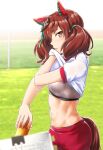  1girl animal_ears bangs blurry blurry_foreground bottle bow breasts brown_eyes brown_hair bush clipboard clothes_lift commentary_request cowboy_shot ear_covers eyebrows_visible_through_hair grass groin gym_uniform hair_between_eyes highres holding holding_bottle horse_ears horse_girl horse_tail kobamiso_(kobalt) lifted_by_self looking_at_viewer medium_breasts multicolored_hair navel nice_nature_(umamusume) outdoors parted_lips profile red_shorts shirt shirt_lift short_sleeves shorts sidelocks solo sports_bra standing stomach streaked_hair sweat tail toned twintails umamusume water_bottle wet wet_hair white_shirt 