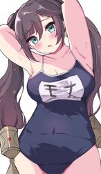  1girl absurdres armpits arms_up bangs black_swimsuit blush breasts brown_hair collarbone covered_navel cowboy_shot eyebrows_visible_through_hair genshin_impact green_eyes hair_between_eyes hair_ornament hido_(meori_apu_da) highres long_hair looking_at_viewer medium_breasts mona_megistus name_tag old_school_swimsuit one-piece_swimsuit school_swimsuit sidelocks simple_background solo standing swimsuit twintails white_background 