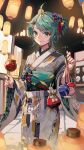  1girl absurdres bishounen blurry blush bow candy_apple closed_mouth depth_of_field eyebrows_visible_through_hair festival floral_print food food_stand ginyasama green_eyes green_hair hair_bow hair_ornament highres holding holding_food japanese_clothes kimono lantern looking_at_viewer mask night original paper_lantern short_hair smile solo standing summer_festival tagme wide_sleeves yukata 