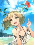  1girl bangs bare_shoulders beach blonde_hair blue_sky day eyebrows_visible_through_hair flower green_eyes hibiscus hide_(hideout) highres looking_at_viewer open_mouth original outdoors palm_tree short_hair sky solo tree 