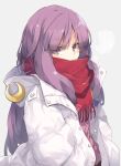  1girl alternate_costume coat contemporary crescent grey_background hood jacket long_hair patchouli_knowledge purple_hair red_scarf satou_kibi scarf simple_background solo touhou upper_body violet_eyes white_jacket winter_clothes winter_coat 