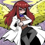  1girl angel angel_wings bangs black_legwear breasts closed_mouth collared_shirt commentary_request eyebrows_visible_through_hair feathered_wings halo hand_in_pocket kebiici labcoat long_hair miniskirt mon-musu_quest! pantyhose promestein red_eyes redhead shirt sidelocks simple_background skirt solo sweater wings 