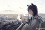  animal_ear_fluff animal_ears arknights bangs black_hair building cigar city cityscape closed_mouth clouds cloudy_sky day eyebrows fur-trimmed_hood fur-trimmed_jacket fur-trimmed_sleeves fur_trim grey_jacket highres holding holding_cigar hood hood_down hooded_jacket jacket long_sleeves looking_away nininisama rooftop scenery sidelocks sky smoke smoking standing texas_(arknights) weibo_username window wolf_ears wolf_girl yellow_eyes 