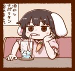  1girl bangs black_eyes black_hair carrot_necklace cup drinking drinking_glass drinking_straw eyebrows_visible_through_hair floppy_ears ice ice_cube inaba_tewi one-hour_drawing_challenge poronegi short_hair short_sleeves sitting solo table touhou upper_body 
