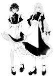  2boys absurdres alternate_costume apron artist_name black_footwear bow braid enmaided fuurin_hino513 greyscale hair_between_eyes hair_bow highres long_hair low-tied_long_hair maid maid_apron monochrome multiple_boys original short_sleeves sweatdrop thigh-highs very_long_hair white_background white_legwear 