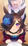  1boy 2girls :&lt; animal_ears blue_flower blue_headwear blue_rose blush brown_hair closed_mouth commentary_request flower from_above hair_over_one_eye hat highres horse_ears horse_girl katwo long_hair looking_at_viewer multiple_girls pov rice_shower_(umamusume) rose tears tilted_headwear umamusume violet_eyes 