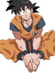  1boy absurdres barefoot black_eyes black_hair bracer closed_mouth dougi dragon_ball highres looking_at_viewer magu_5 male_focus simple_background smile solo son_goku spiky_hair white_background 