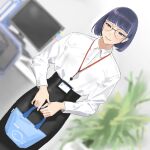  1girl bangs black_hair blunt_bangs blurry blurry_background collared_shirt computer dutch_angle highres hiramedousa lanyard leaf long_sleeves office_lady original plant potted_plant shirt shirt_tucked_in short_hair solo white_shirt 