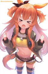  &gt;_&lt; 1girl animal_ears black_ribbon clenched_hands dog_tags ear_ribbon green_jacket highres horse_ears horse_girl horse_tail jacket long_hair mayano_top_gun_(umamusume) midriff navel open_mouth orange_hair ribbon shorts simple_background solo striped striped_legwear suzuho_hotaru tail tears thigh-highs twintails twitter_username two_side_up umamusume white_background white_shorts 