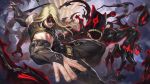  1boy belt_buckle black_pants blonde_hair buckle covered_eyes eddie_(guilty_gear) fighting_stance fingerless_gloves forest gloves guilty_gear guilty_gear_strive highres long_hair male_focus muscular muscular_male nature pants zato-1 