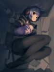  1girl absurdres animal_ears bangs black_eyes black_gloves black_legwear blue_hair blue_jacket blush darandy gloves headphones highres hood hood_down hooded_jacket huge_filesize jacket long_sleeves looking_at_viewer lying on_side original pantyhose short_hair solo thighband_pantyhose 