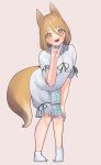  1girl :d absurdres animal_ears blush brown_eyes fox_ears fox_girl fox_tail full_body hair_between_eyes highres kudamaki_tsukasa leaning_forward mash_illust open_mouth post short_sleeves simple_background smile solo tail touhou unconnected_marketeers white_footwear 