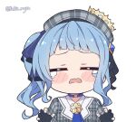  1girl beret blue_hair blush closed_eyes eyebrows_visible_through_hair gloves hair_between_eyes hat hololive hoshimachi_suisei kukie-nyan looking_at_viewer open_mouth side_ponytail smile solo star_(symbol) tears virtual_youtuber 