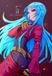  1girl bangs belt bicio blue_hair bodysuit breast_hold breasts finger_to_mouth gloves highres kula_diamond long_hair looking_at_viewer shushing signature simple_background small_breasts smile the_king_of_fighters violet_eyes 