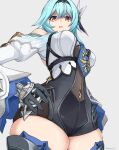  1girl blue_hair blue_neckwear breasts cowboy_shot eula_lawrence genshin_impact gloves hairband hand_on_hip highres kurokage leotard long_sleeves looking_at_viewer medium_breasts necktie solo thigh-highs thighs yellow_eyes 