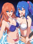 1boy 2girls ;d amelia_(world_flipper) asymmetrical_docking bangs belt bikini black_shorts blue_bikini blue_eyes blue_hair blush breast_press breasts collarbone eyebrows_visible_through_hair fang fangs hair_between_eyes hair_intakes hair_ribbon highres large_breasts long_hair looking_at_viewer marina_(world_flipper) mismatched_bikini multiple_girls navel one_eye_closed open_clothes open_mouth open_shorts orange_bikini orange_eyes orange_hair orange_ribbon pink_bikini ponytail ribbon shiny shiny_skin short_shorts shorts skin_fang smile stomach swimsuit u2_(user_pupx8327) wading water white_belt white_bikini world_flipper wrist_grab