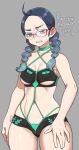  1girl 2021 agawa_ryou annoyed bare_shoulders bikini black_bikini black_hair breasts commentary glasses long_hair looking_down medium_breasts original solo swimsuit thick_thighs thighs under_boob 