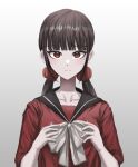  1girl bangs blunt_bangs bow breasts brown_hair bubi_(bin1886) closed_mouth collarbone commentary_request dangan_ronpa_(series) dangan_ronpa_v3:_killing_harmony eyebrows_visible_through_hair gradient gradient_background grey_bow hair_ornament hands_up harukawa_maki highres long_hair long_sleeves looking_at_viewer low_twintails mole mole_under_eye red_eyes red_scrunchie red_shirt sailor_collar school_uniform scrunchie serafuku shiny shiny_hair shirt simple_background solo twintails upper_body 