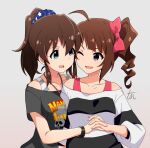  2girls ahoge artist_name bangs black_shirt blue_eyes blue_scrunchie bodysuit bow brown_hair commentary_request cosplay costume_switch dress drill_hair hair_bow holding_hands idolmaster idolmaster_million_live! interlocked_fingers jewelry long_sleeves looking_at_another medium_hair multiple_girls necklace off-shoulder_dress off_shoulder one_eye_closed open_mouth pink_bodysuit ponytail print_scrunchie print_shirt satake_minako scrunchie shirt shirt_straps side_drill side_ponytail signature smile star_(symbol) star_print striped striped_shirt tun upper_body violet_eyes white_shirt wristband yokoyama_nao yuri 
