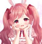  1girl :d animal_ears bangs blush bow chitosezaka_suzu commentary_request dress eyebrows_visible_through_hair glint hair_bow hands_up long_hair looking_at_viewer open_mouth original pink_dress pink_hair puffy_short_sleeves puffy_sleeves rabbit_ears red_bow red_eyes short_sleeves smile solo twintails upper_body 
