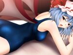  1girl bangs blue_hair blue_swimsuit breasts eyebrows_visible_through_hair fang hair_between_eyes hat long_hair looking_at_viewer looking_back lying medium_breasts on_stomach open_mouth red_eyes remilia_scarlet school_swimsuit shiny shiny_hair solo swimsuit touhou white_headwear wings yadokari_genpachirou 