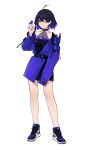  1girl absurdres alternate_costume antenna_hair bug butterfly fashion full_body highres honkai_(series) honkai_impact_3rd insect jacket looking_at_viewer purple_hair purple_jacket purple_nails seele_vollerei short_hair solo tattoo tutou_jiang violet_eyes white_background 