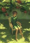  1girl 7ife absurdres balloon bare_legs barefoot brown_hair bush chair closed_eyes closed_mouth commentary english_commentary full_body grass green_shirt halo highres hospital_gown huge_filesize original outdoors shade shirt short_hair short_sleeves sitting solo 