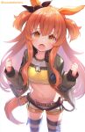  1girl animal_ears black_ribbon clenched_hands dog_tags ear_ribbon green_jacket highres horse_ears horse_girl horse_tail jacket long_hair looking_at_viewer mayano_top_gun_(umamusume) midriff navel open_mouth orange_eyes orange_hair ribbon shorts simple_background solo striped striped_legwear suzuho_hotaru tail tears thigh-highs twintails twitter_username two_side_up umamusume white_background white_shorts 