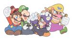  2021 4boys anger_vein blue_eyes brown_hair closed_eyes facial_hair fist fist_pump gloves hand_on_another&#039;s_head hat kneeling legs_crossed luigi mario super_mario_bros. multiple_boys mustache nintendo nintendo_switch open_mouth overalls playing_games shoes short_hair sitting smile super_mario_bros. waluigi wario white_background x_x 