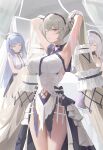  3girls armpits arms_up azur_lane bangs bare_shoulders breasts closed_eyes dido_(azur_lane) dress formidable_(azur_lane) grey_hair highres hood_(james_x) long_hair looking_at_viewer multiple_girls navel red_eyes short_hair sirius_(azur_lane) smile solo_focus twintails two-tone_dress very_long_hair 