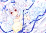  1girl :o animal_ears azur_lane bangs bare_shoulders blue_flower bouquet breasts bride collarbone commentary_request dress eyebrows_visible_through_hair flower gloves hair_between_eyes hair_flower hair_ornament hair_ribbon hand_up highres jewelry laffey_(azur_lane) laffey_(white_rabbit&#039;s_oath)_(azur_lane) long_hair looking_at_viewer official_alternate_costume parted_lips pendant rabbit_ears red_eyes ribbon rose shikito small_breasts solo strapless strapless_dress twintails very_long_hair white_dress white_flower white_gloves white_hair white_ribbon white_rose yellow_flower 