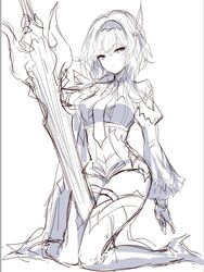  1girl breasts eula_lawrence genshin_impact hairband high_heels holding holding_sword holding_weapon juliet_sleeves kneeling long_sleeves medium_breasts puffy_sleeves sheya simple_background sketch solo sword thighs weapon white_background wide_sleeves work_in_progress 