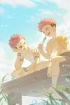  2boys clouds cloudy_sky facial_tattoo food grass highres ice_cream itadori_yuuji jujutsu_kaisen lan-ge-zi looking_at_another multiple_boys pink_hair red_eyes ryoumen_sukuna_(jujutsu_kaisen) shirt shirtless sitting sky smile tattoo water yellow_shirt 