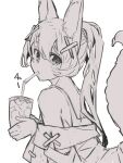  1girl absurdres animal_ear_fluff animal_ears bangs bare_shoulders bendy_straw commentary_request cup disposable_cup drinking_straw eyebrows_behind_hair greyscale hair_between_eyes hair_ornament hairclip highres holding holding_cup long_hair long_sleeves monochrome off_shoulder original ponytail sailor_collar shirt simple_background sleeveless sleeveless_shirt solo tail_raised upper_body very_long_hair white_background x_hair_ornament yuuji_(yukimimi) 