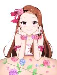  1girl arm_strap blush bow brown_hair closed_mouth collarbone flower hair_bow hair_flower hair_ornament highres idolmaster idolmaster_(classic) long_hair looking_at_viewer maa_(io_215) minase_iori pink_flower pink_rose red_bow rose shiny shiny_hair simple_background smile solo upper_body very_long_hair violet_eyes white_background wrist_flower 