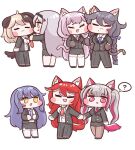  6+girls :3 =_= ? adjusting_clothes adjusting_necktie animal_ear_fluff animal_ears bangs black_lilith blonde_hair blush_stickers braid brown_hair bulga cat_ears cat_girl cat_tail chibi cs_perrault dog_ears dog_girl dog_tail eternity_(last_origin) fang fenrir_(last_origin) formal full_body garter_straps hachiko_of_castling holding_hands last_origin long_hair mole mole_under_mouth multicolored_hair multiple_girls necktie open_clothes open_mouth open_shirt pant_suit pantyhose pencil_skirt pink_eyes pink_hair poi_(last_origin) redhead side_slit silver_hair simple_background skirt skirt_suit snow_feather suit sweatdrop tail thigh-highs twin_braids twintails two-tone_hair white_background white_legwear wolf_ears wolf_girl yellow_eyes 