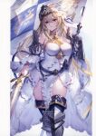  1girl absurdres armor armored_boots bangs blue_eyes boots breasts dress flag frills gauntlets granblue_fantasy hair_ornament highres holding holding_sword holding_weapon jeanne_d&#039;arc_(granblue_fantasy) long_hair looking_at_viewer medium_breasts oyu_(sijimisizimi) simple_background solo sword weapon 
