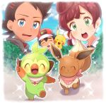  1girl 2boys ash_ketchum bangs baseball_cap black_hair blue_eyes blush border brown_hair chitozen_(pri_zen) chloe_(pokemon) closed_eyes clouds commentary_request day dress eevee eyelashes flower gen_1_pokemon gen_8_pokemon goh_(pokemon) green_eyes grookey hair_flower hair_ornament hat holding holding_stick long_hair multiple_boys open_mouth outdoors pikachu pokemon pokemon_(anime) pokemon_(creature) pokemon_swsh_(anime) raised_eyebrows shirt short_hair sky sparkle starter_pokemon stick sweatdrop tongue twitter_username upper_teeth watermark white_border white_dress 